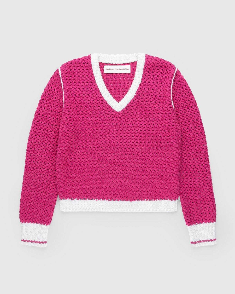 Toj Stockholm Surfboard Club | Stockholm Surfboard Club Strikket Sweater Med V-Hals Flou Pink