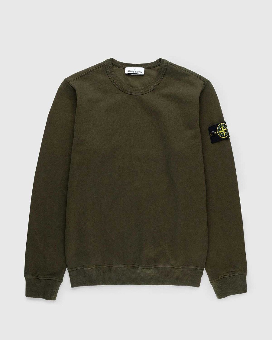 Toj Stone Island | Stone Island Beklaedningsfarvet, Borstet Fleece-Oliven Med Rund Hals