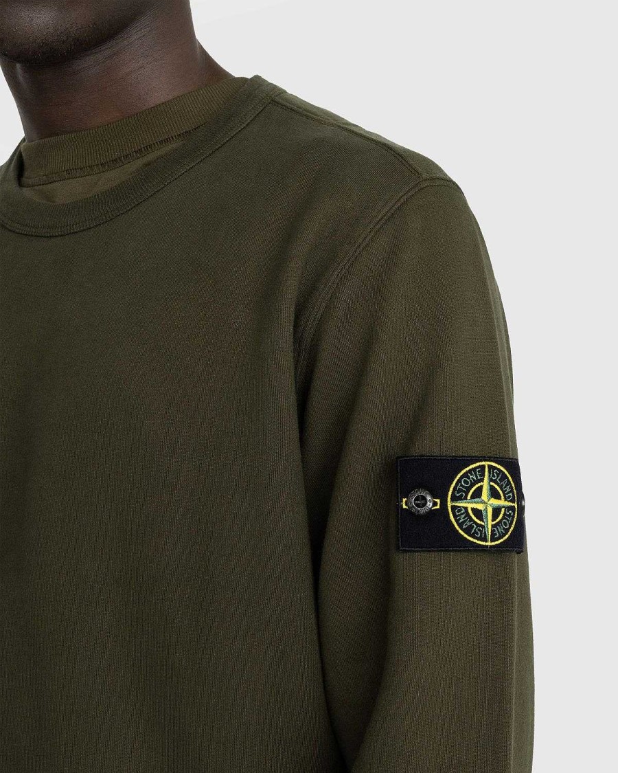 Toj Stone Island | Stone Island Beklaedningsfarvet, Borstet Fleece-Oliven Med Rund Hals